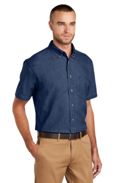 Male Denim Short Sleeve Dress shirt including embroidered Whitson's Logo